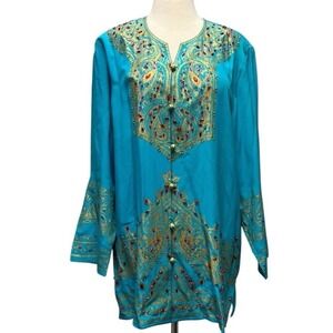 Diane Gilman Turquoise SILK Tunic Medium Exotic Embroidery Colorful Jewels NWT